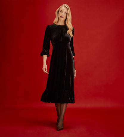 Scarlett Black Velvet Ruffle Cuff Tiered Midi Dress