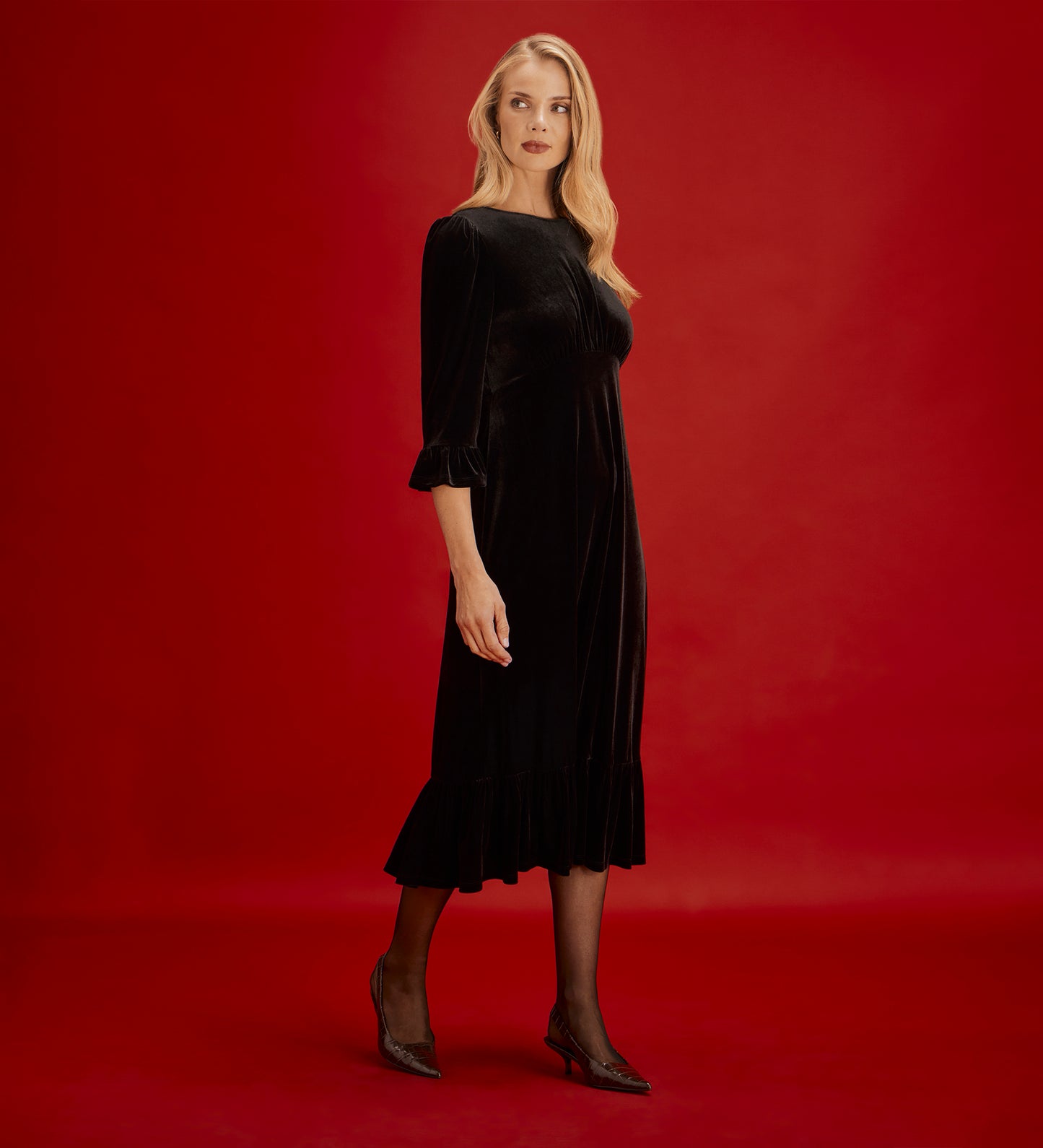 Scarlett Black Velvet Ruffle Cuff Tiered Midi Dress
