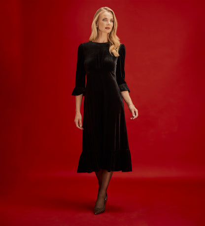 Scarlett Black Velvet Ruffle Cuff Tiered Midi Dress