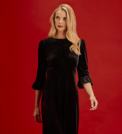 Scarlett Black Velvet Ruffle Cuff Tiered Midi Dress
