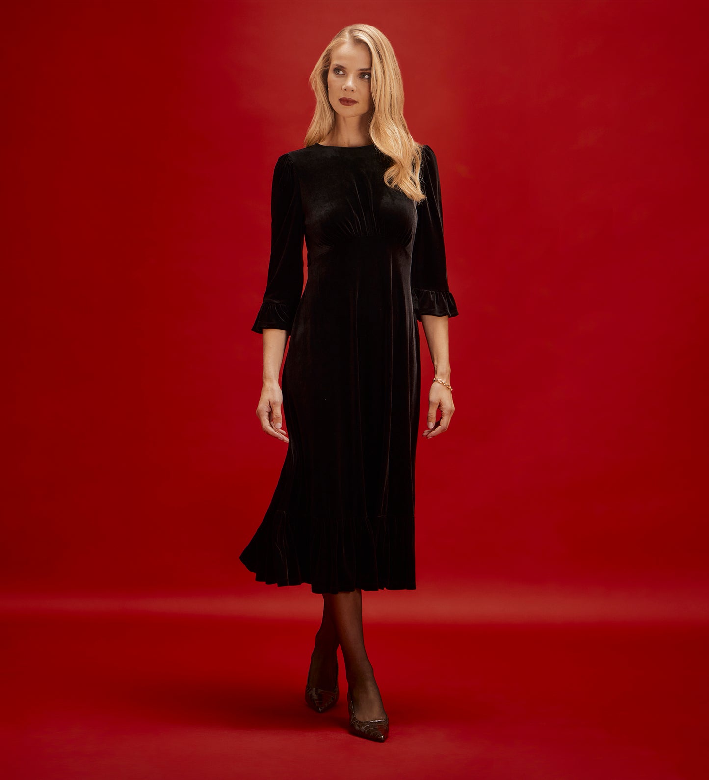 Scarlett Black Velvet Ruffle Cuff Tiered Midi Dress