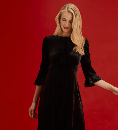 Scarlett Black Velvet Ruffle Cuff Tiered Midi Dress
