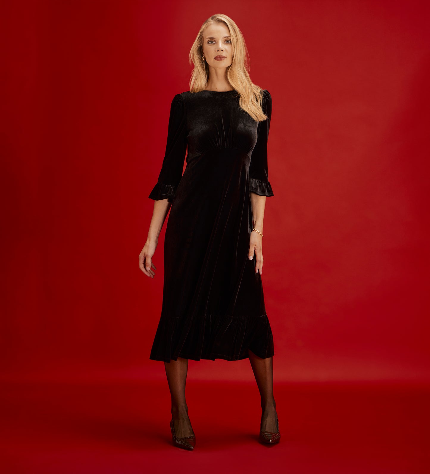 Scarlett Black Velvet Ruffle Cuff Tiered Midi Dress