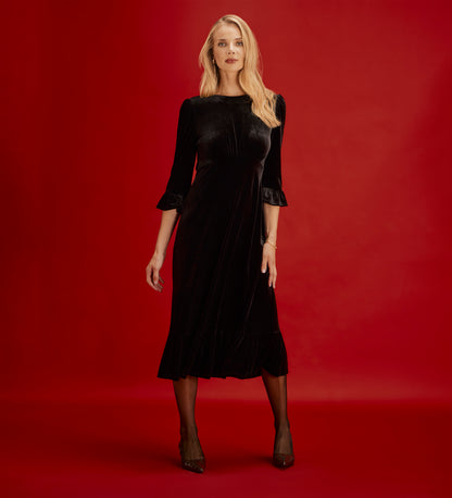 Scarlett Black Velvet Ruffle Cuff Tiered Midi Dress