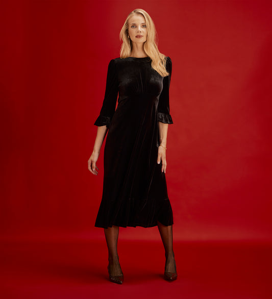 Scarlett Black Velvet Ruffle Cuff Tiered Midi Dress