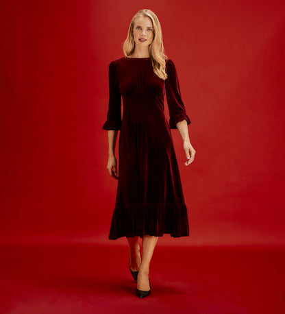 Scarlett Burgundy Velvet Ruffle Cuff Tiered Midi Dress