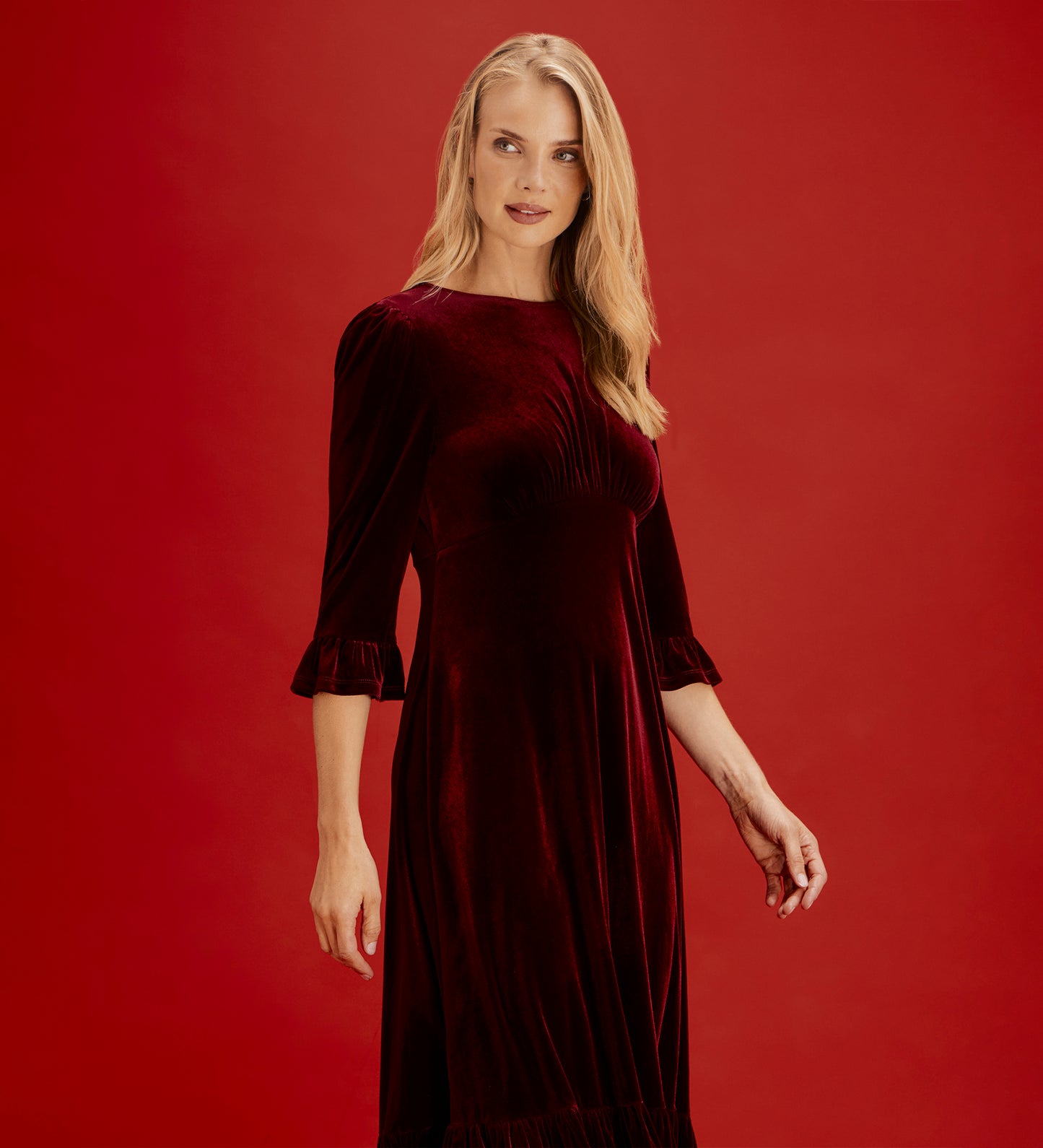 Scarlett Burgundy Velvet Ruffle Cuff Tiered Midi Dress