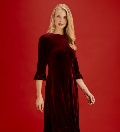 Scarlett Burgundy Velvet Ruffle Cuff Tiered Midi Dress