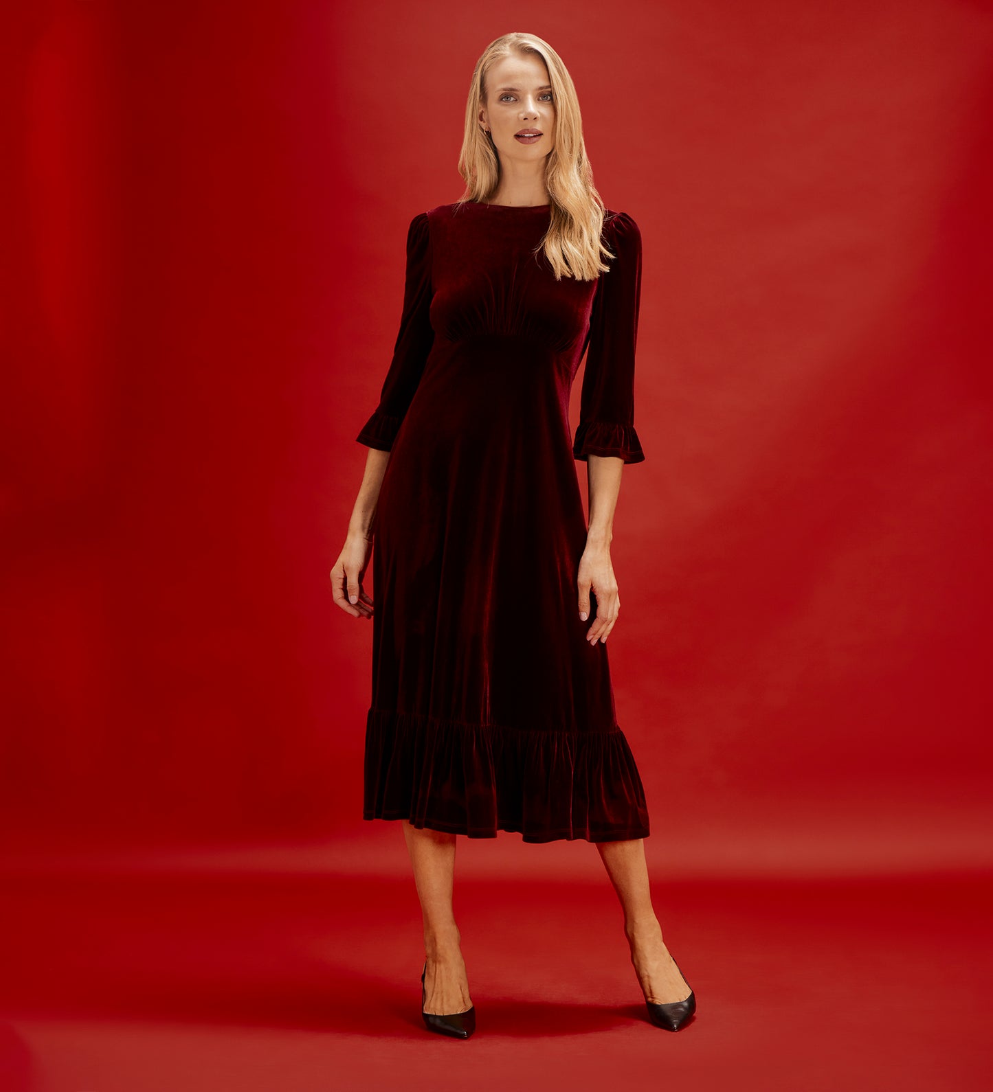 Scarlett Burgundy Velvet Ruffle Cuff Tiered Midi Dress