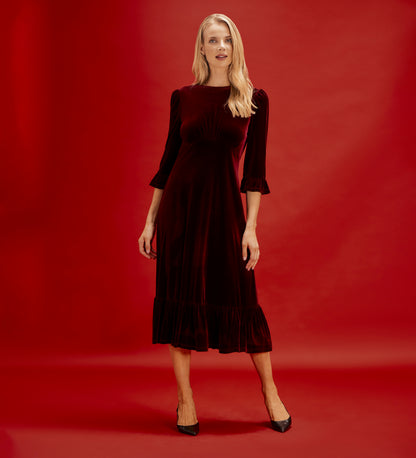 Scarlett Burgundy Velvet Ruffle Cuff Tiered Midi Dress