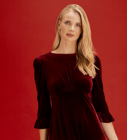 Scarlett Burgundy Velvet Ruffle Cuff Tiered Midi Dress