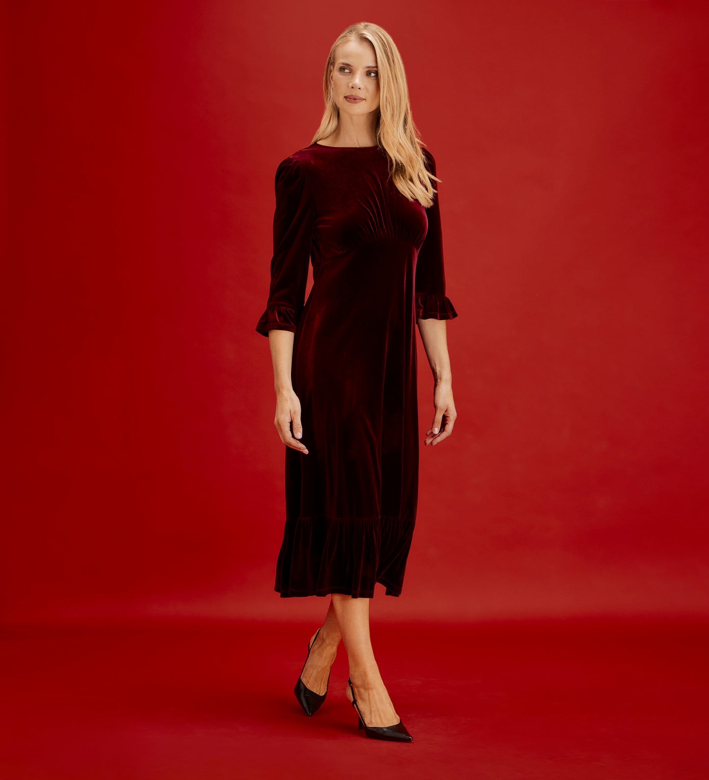 Scarlett Burgundy Velvet Ruffle Cuff Tiered Midi Dress