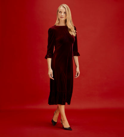 Scarlett Burgundy Velvet Ruffle Cuff Tiered Midi Dress