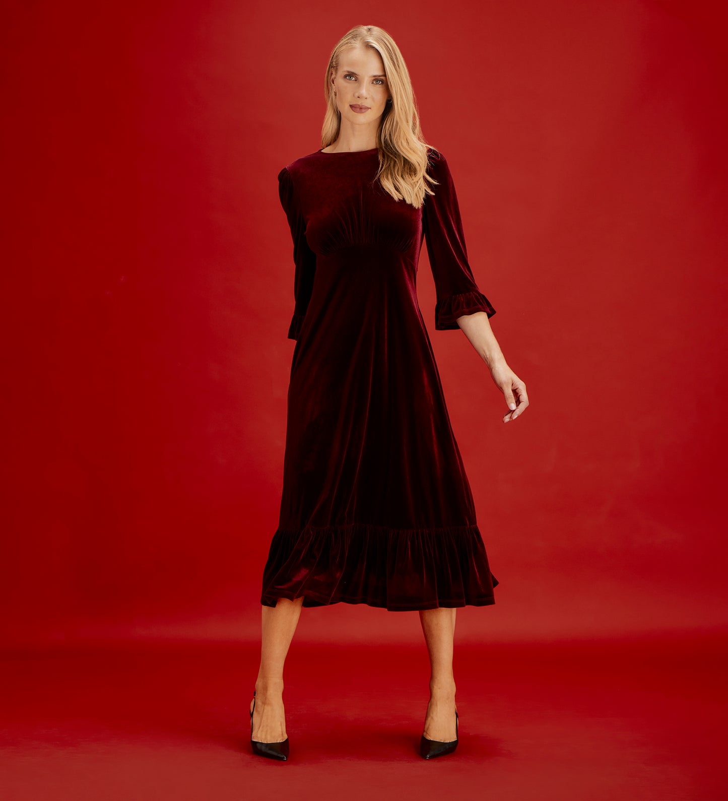 Scarlett Burgundy Velvet Ruffle Cuff Tiered Midi Dress