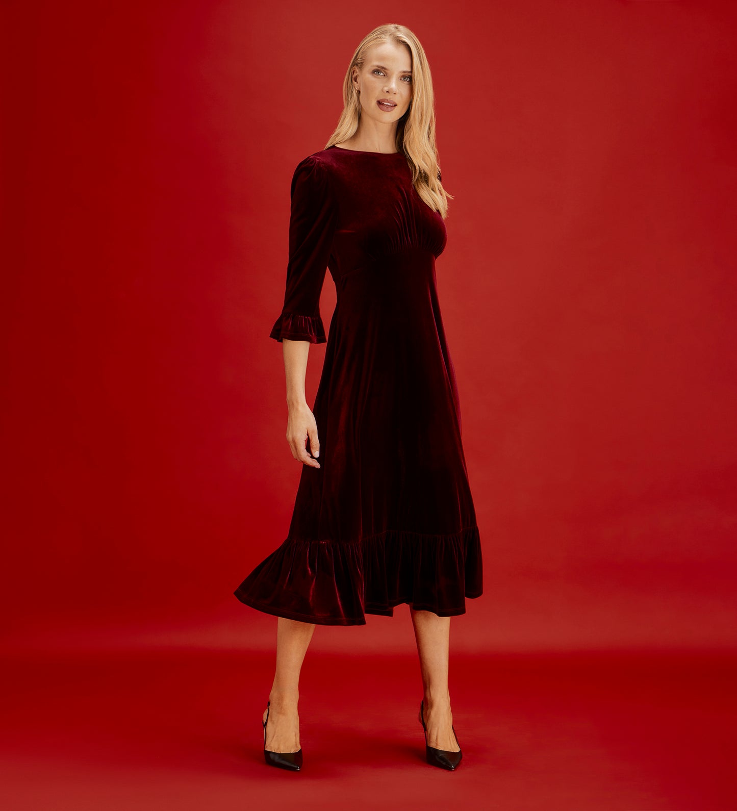 Scarlett Burgundy Velvet Ruffle Cuff Tiered Midi Dress