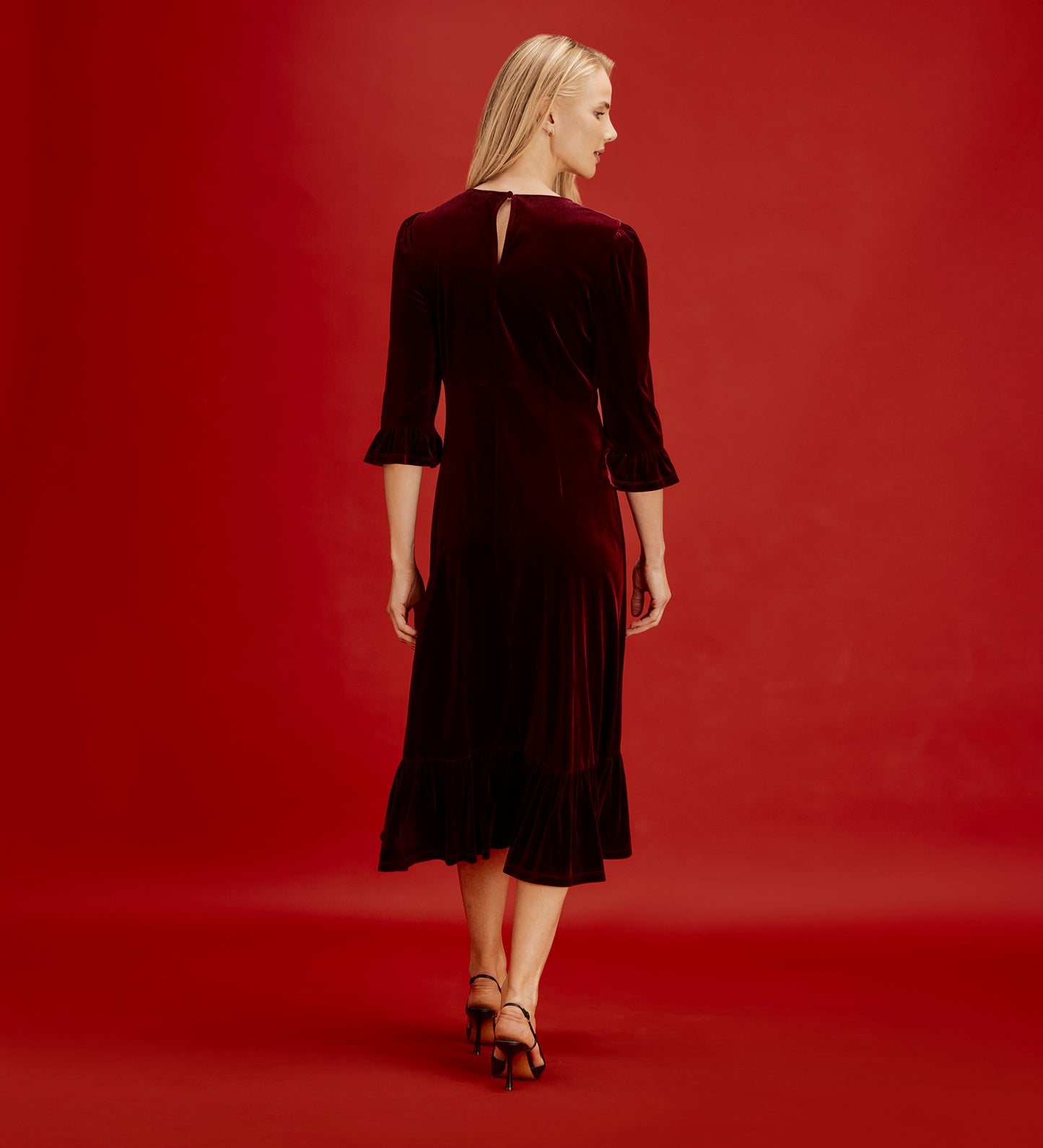Scarlett Burgundy Velvet Ruffle Cuff Tiered Midi Dress