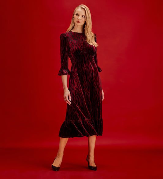 Scarlett Burgundy Zebra Velvet Ruffle Cuff Tiered Midi Dress