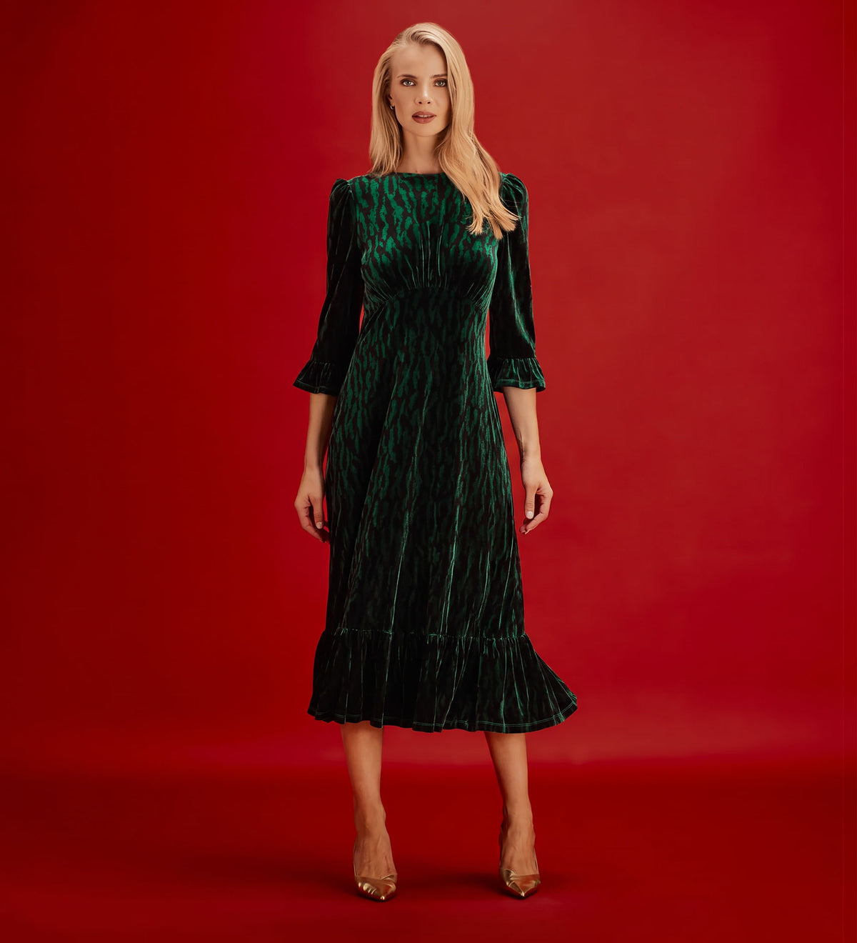Scarlett Green Zebra Velvet Ruffle Cuff Tiered Midi Dress