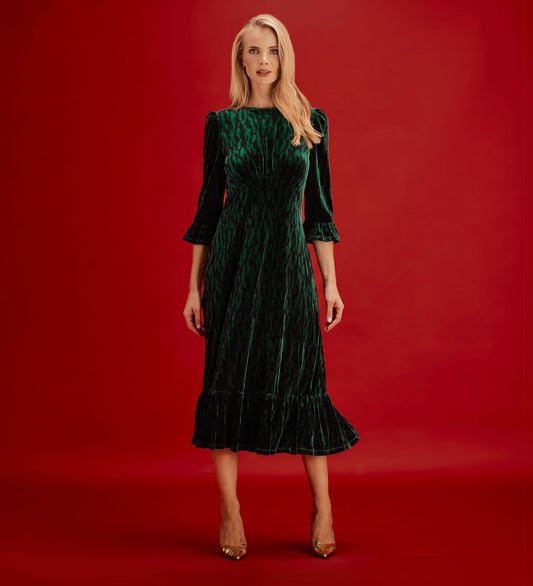Scarlett Green Zebra Velvet Ruffle Cuff Tiered Midi Dress