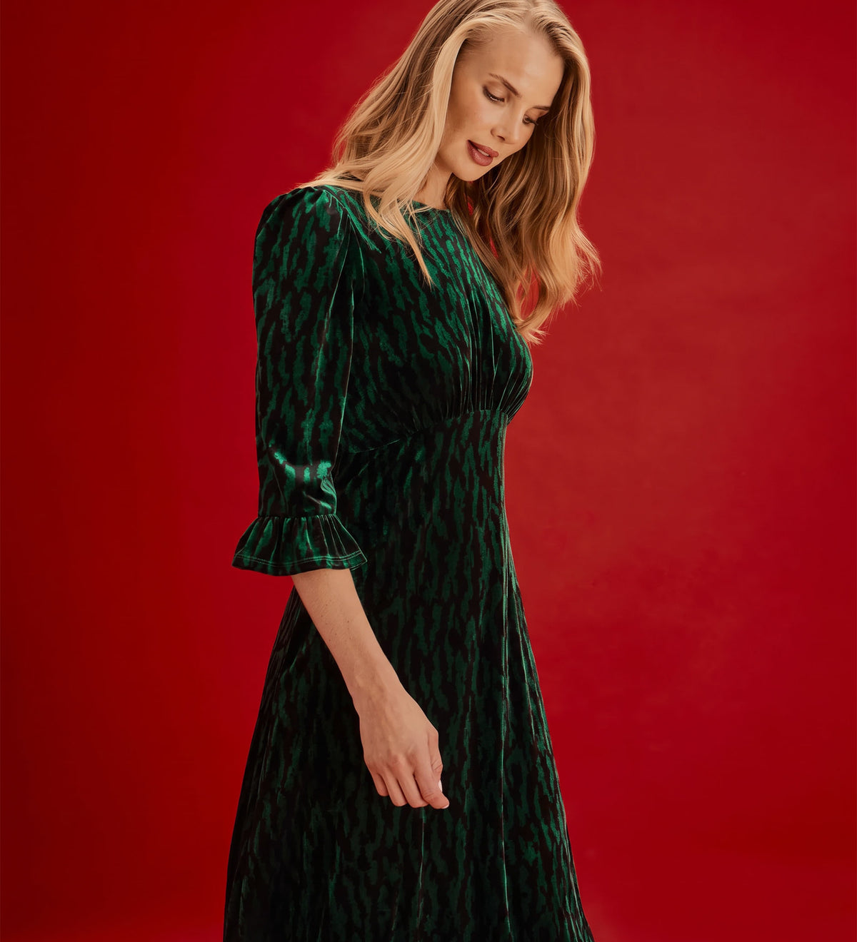 Scarlett Green Zebra Velvet Ruffle Cuff Tiered Midi Dress