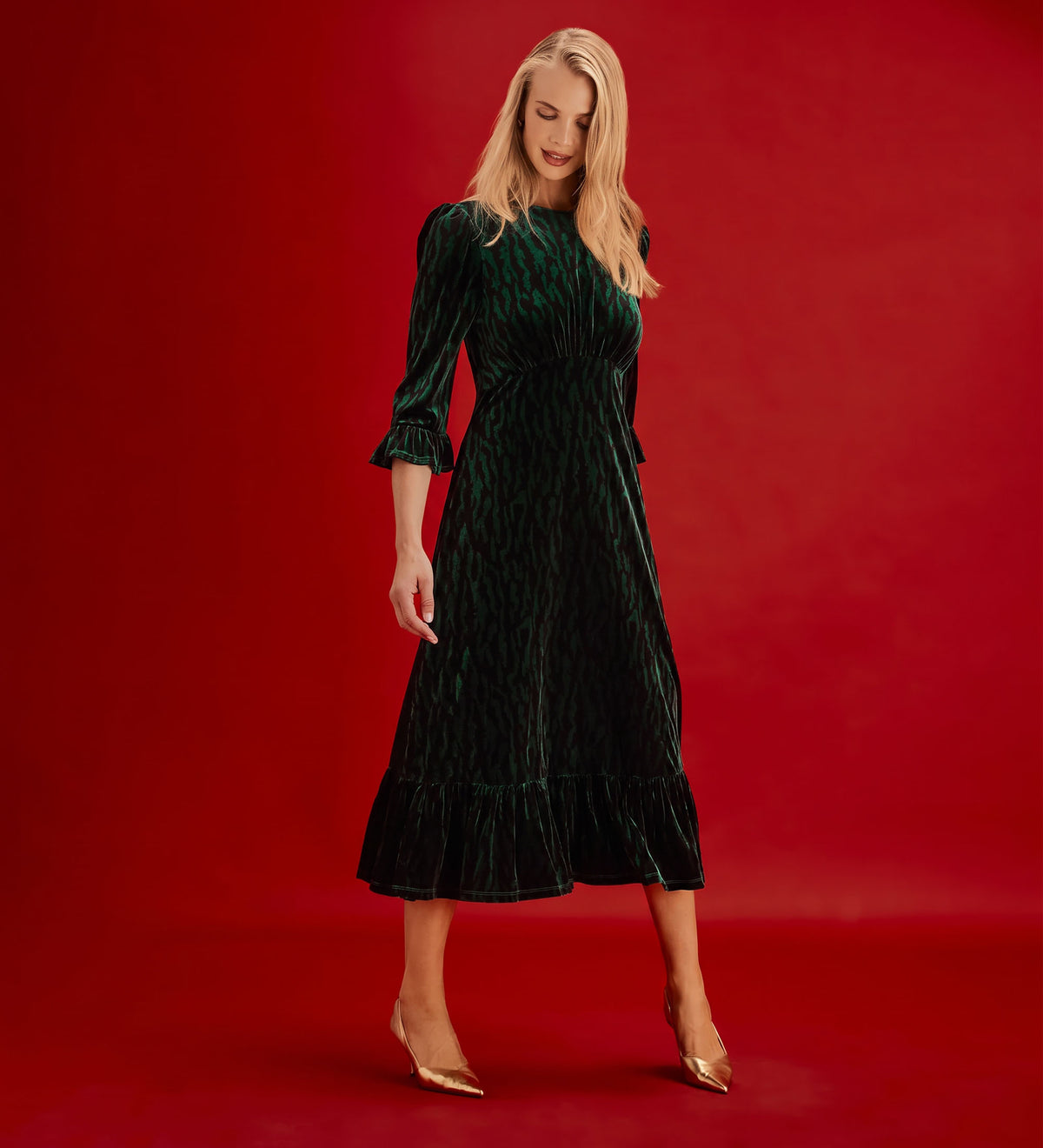 Scarlett Green Zebra Velvet Ruffle Cuff Tiered Midi Dress