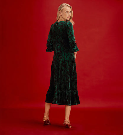 Scarlett Green Zebra Velvet Ruffle Cuff Tiered Midi Dress