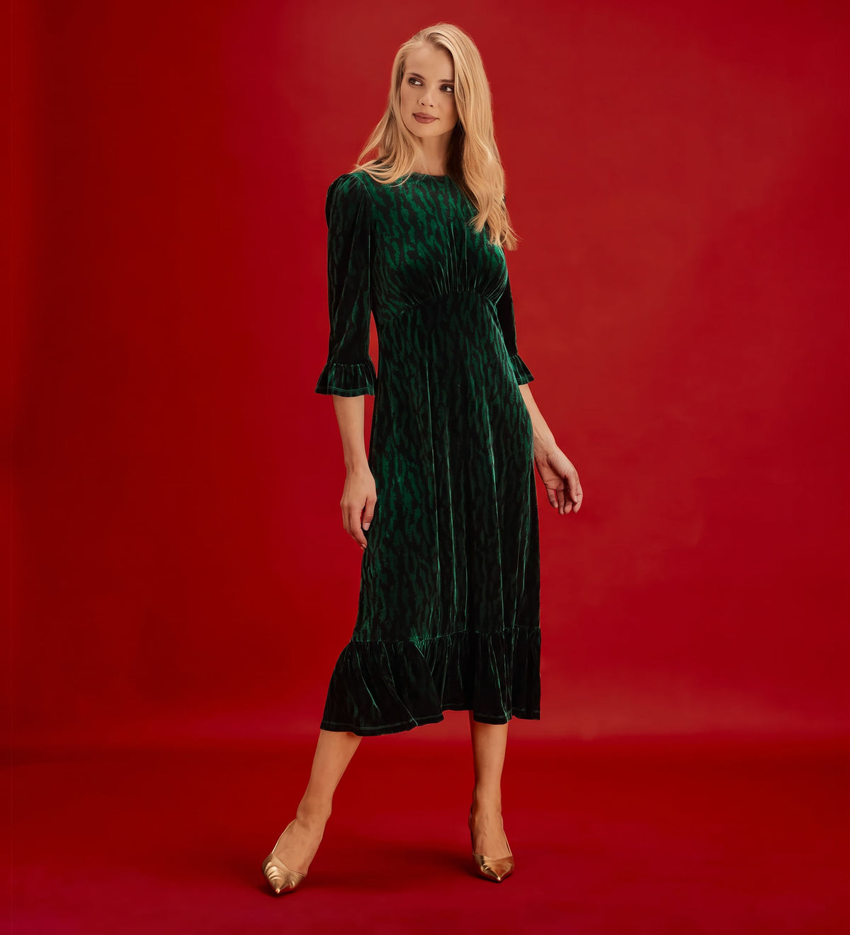 Scarlett Green Zebra Velvet Ruffle Cuff Tiered Midi Dress