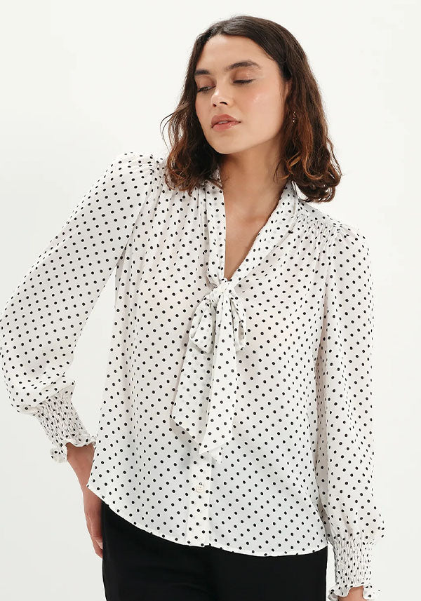 Mavis Ivory Polka Dot Pussy Bow Blouse