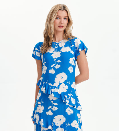 Sierra Blue Flower Asymmetric Frill Midi Tea Dress