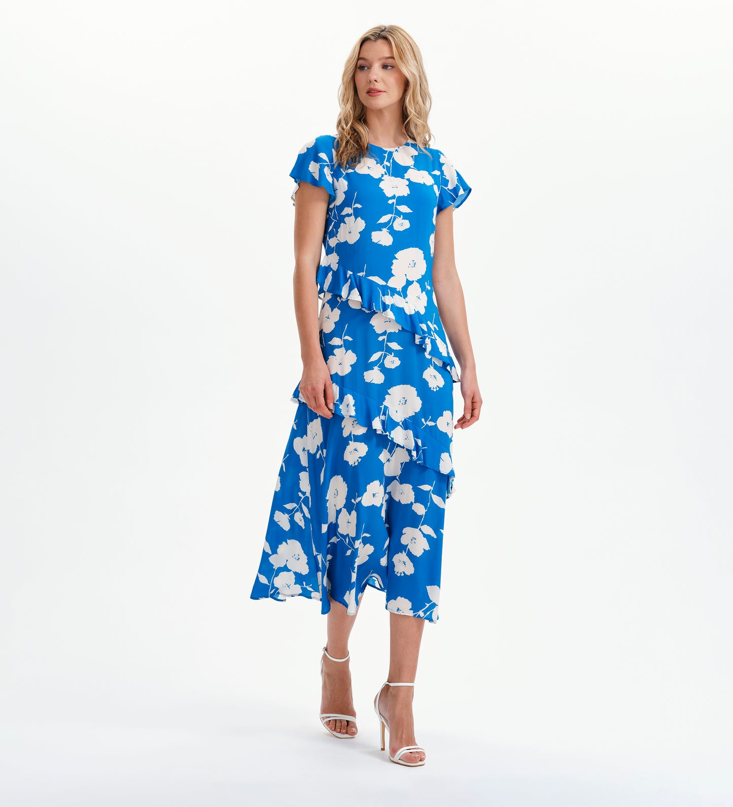Sierra Blue Flower Asymmetric Frill Midi Tea Dress