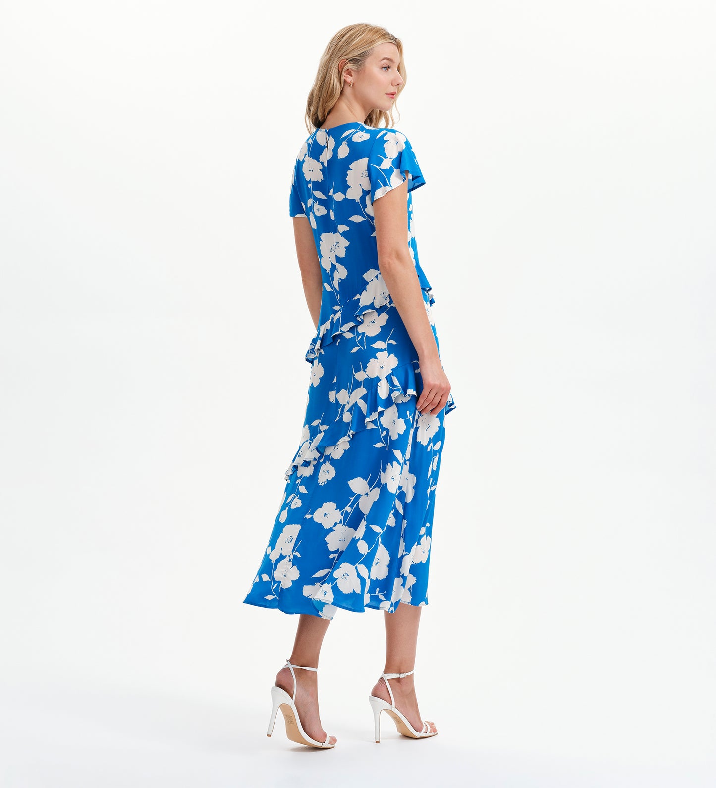 Sierra Blue Flower Asymmetric Frill Midi Tea Dress