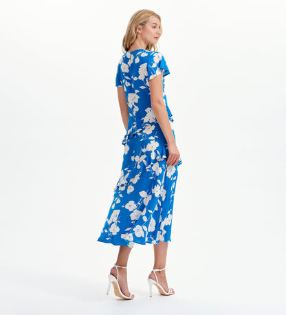 Sierra Blue Flower Asymmetric Frill Midi Tea Dress