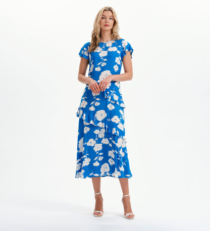 Sierra Blue Flower Asymmetric Frill Midi Tea Dress