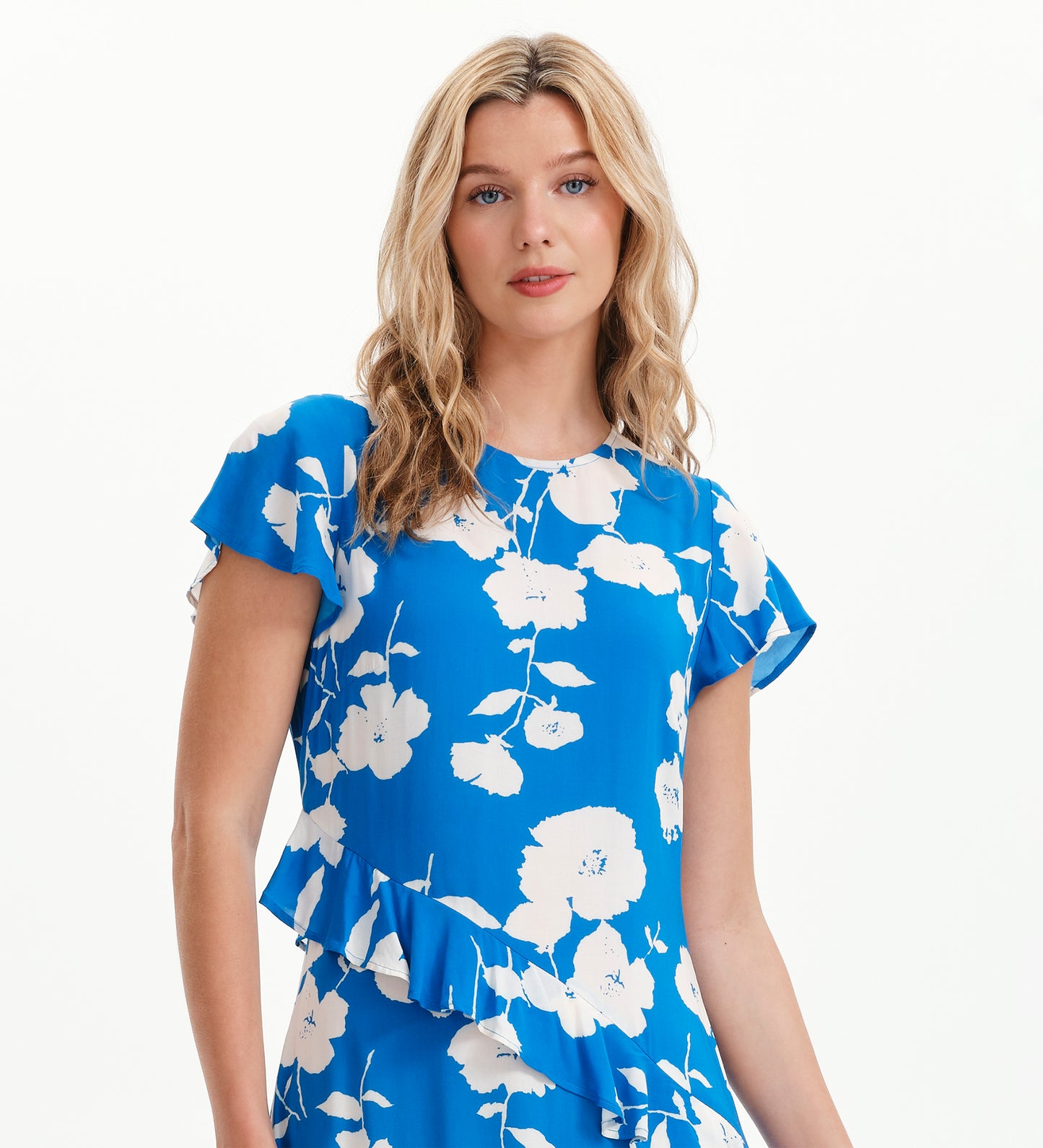 Sierra Blue Flower Asymmetric Frill Midi Tea Dress
