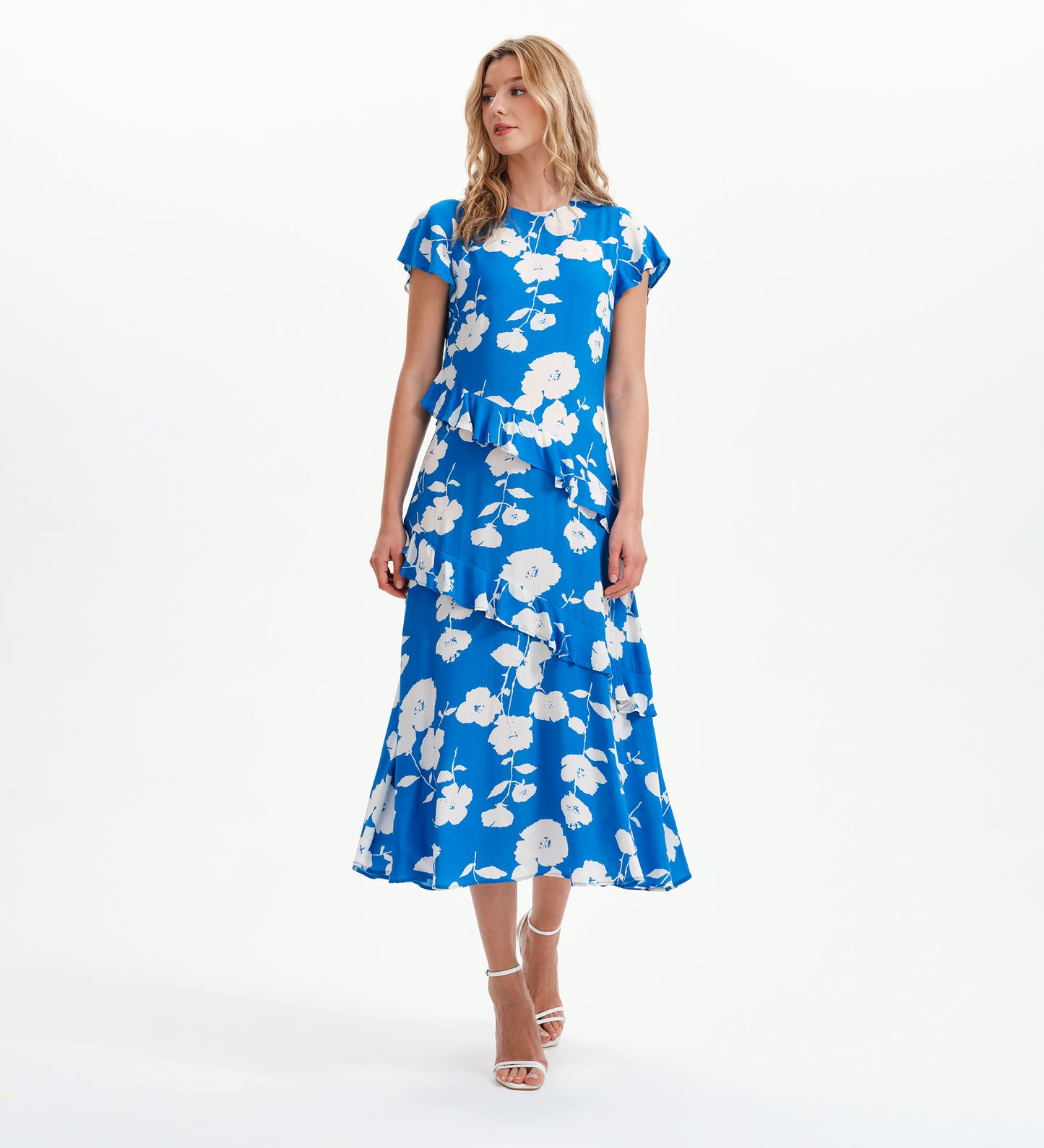 Sierra Blue Flower Asymmetric Frill Midi Tea Dress