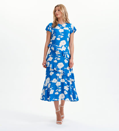 Sierra Blue Flower Asymmetric Frill Midi Tea Dress
