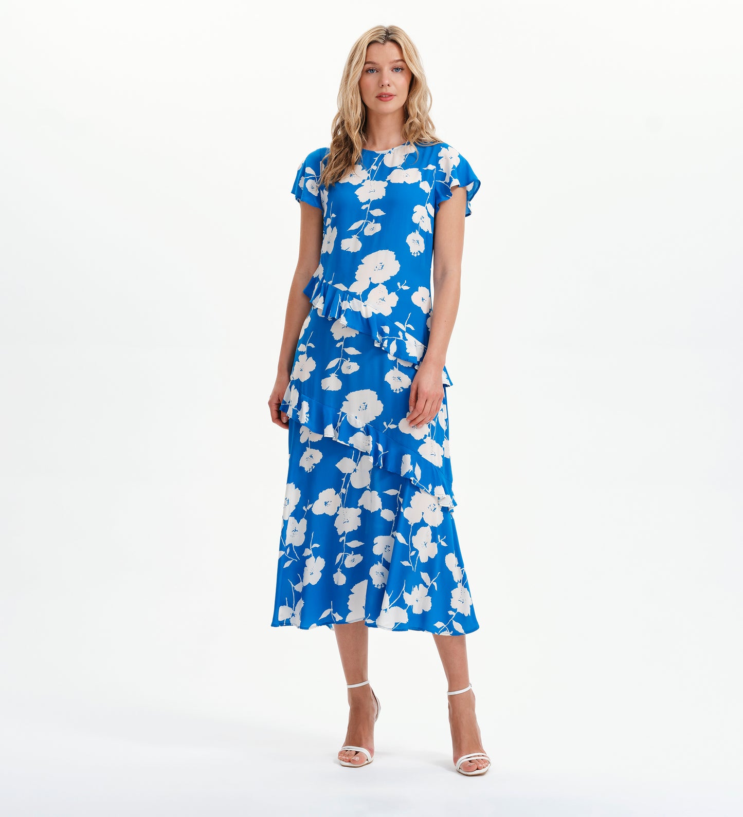 Sierra Blue Flower Asymmetric Frill Midi Tea Dress