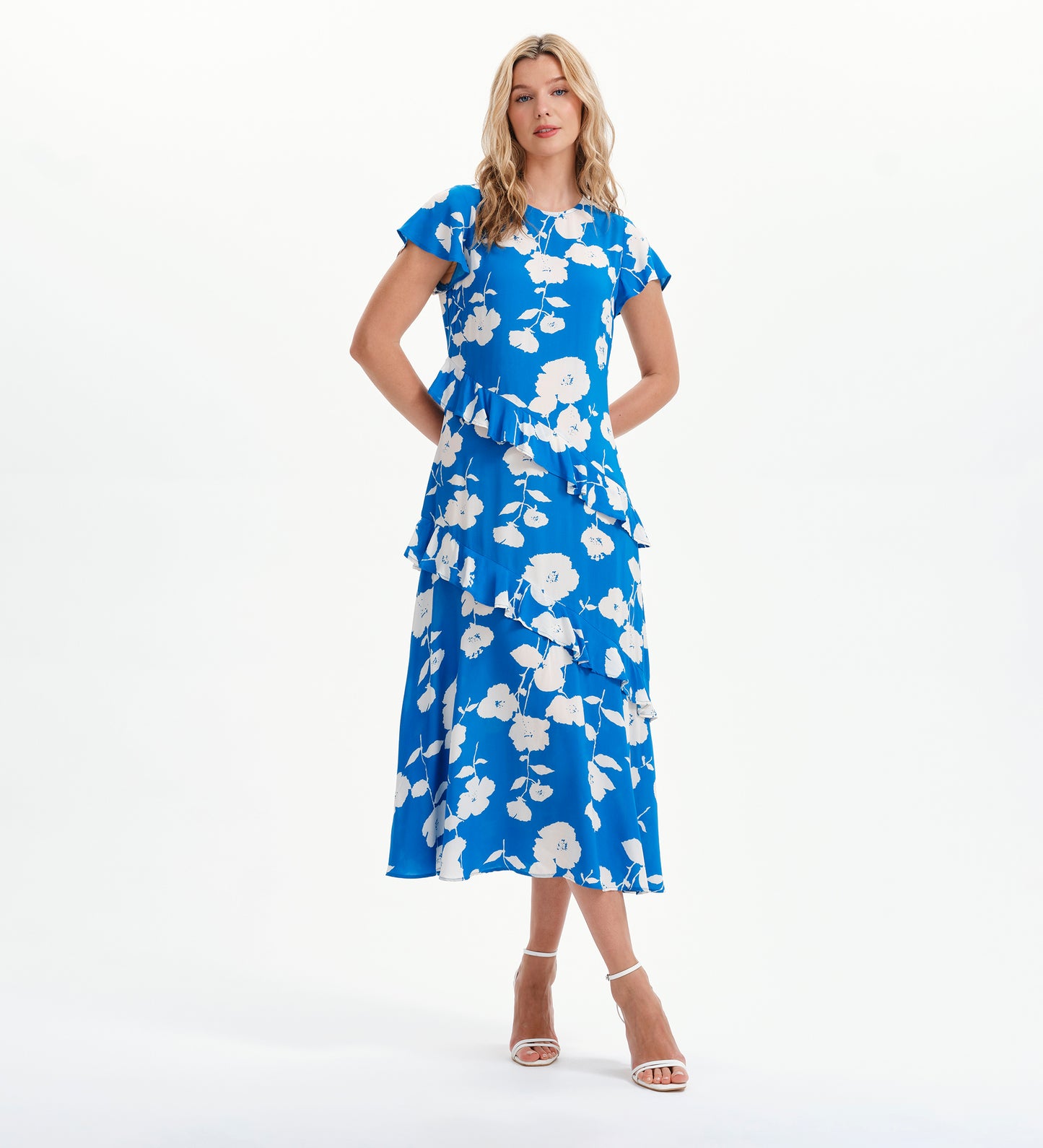Sierra Blue Flower Asymmetric Frill Midi Tea Dress