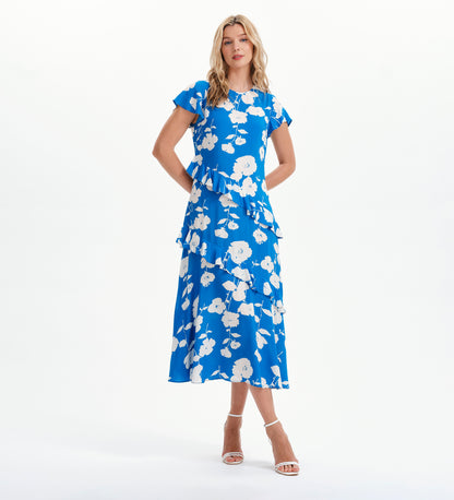 Sierra Blue Flower Asymmetric Frill Midi Tea Dress