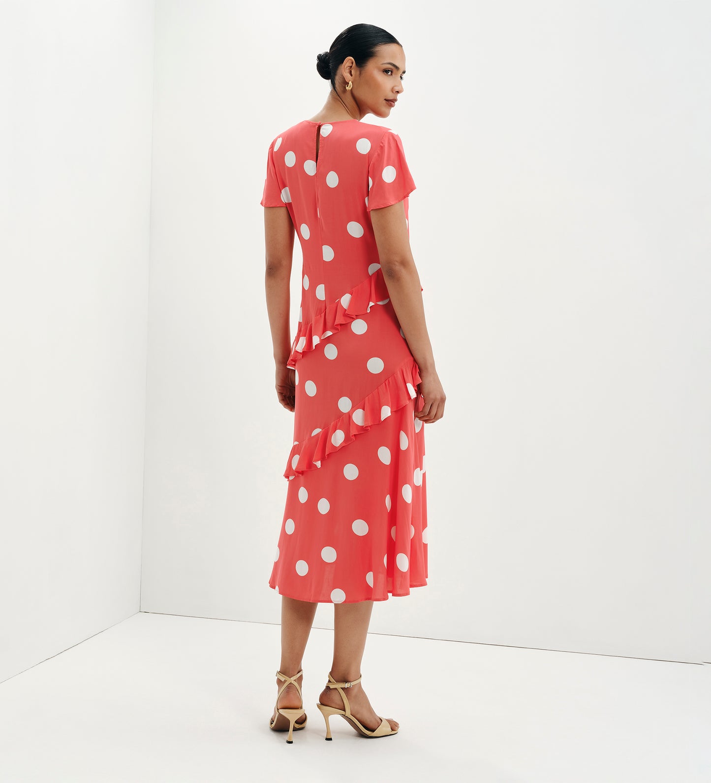 Sierra Red Polka Dot Asymmetric Frill Midi Tea Dress