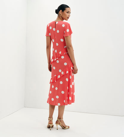 Sierra Red Polka Dot Asymmetric Frill Midi Tea Dress