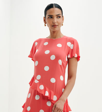 Sierra Red Polka Dot Asymmetric Frill Midi Tea Dress