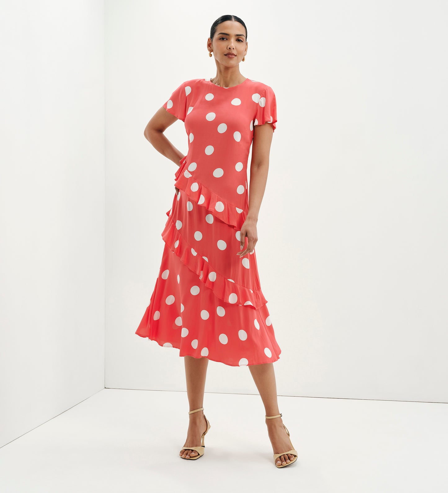 Sierra Red Polka Dot Asymmetric Frill Midi Tea Dress