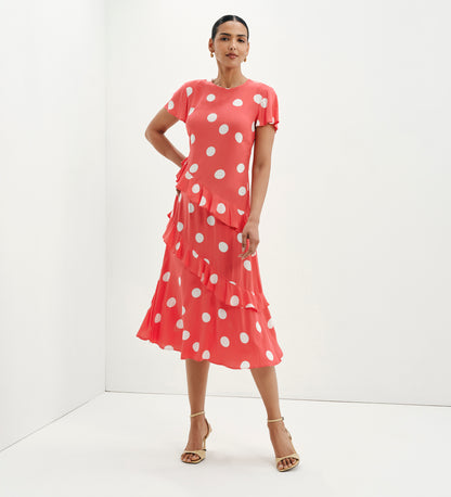 Sierra Red Polka Dot Asymmetric Frill Midi Tea Dress