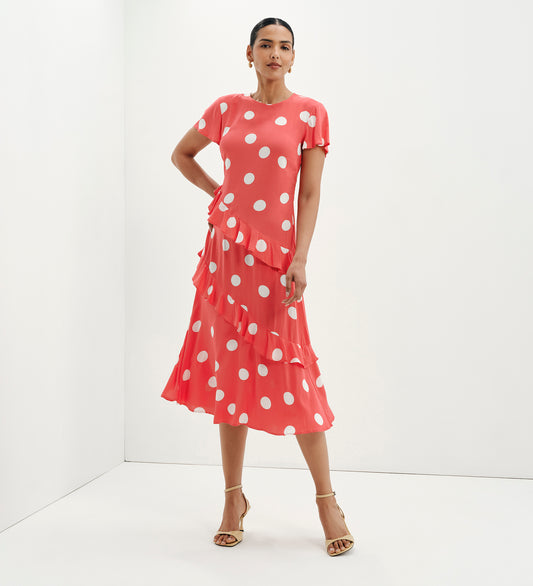 Sierra Red Polka Dot Asymmetric Frill Midi Tea Dress