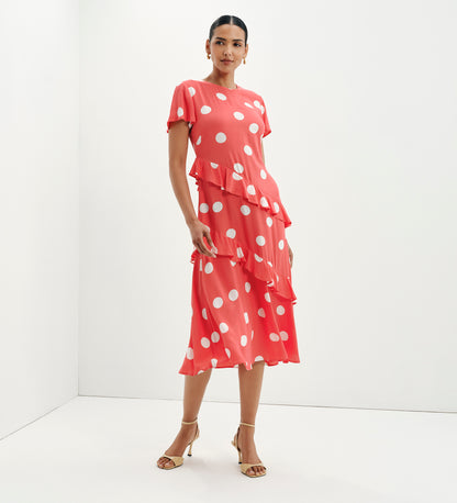 Sierra Red Polka Dot Asymmetric Frill Midi Tea Dress