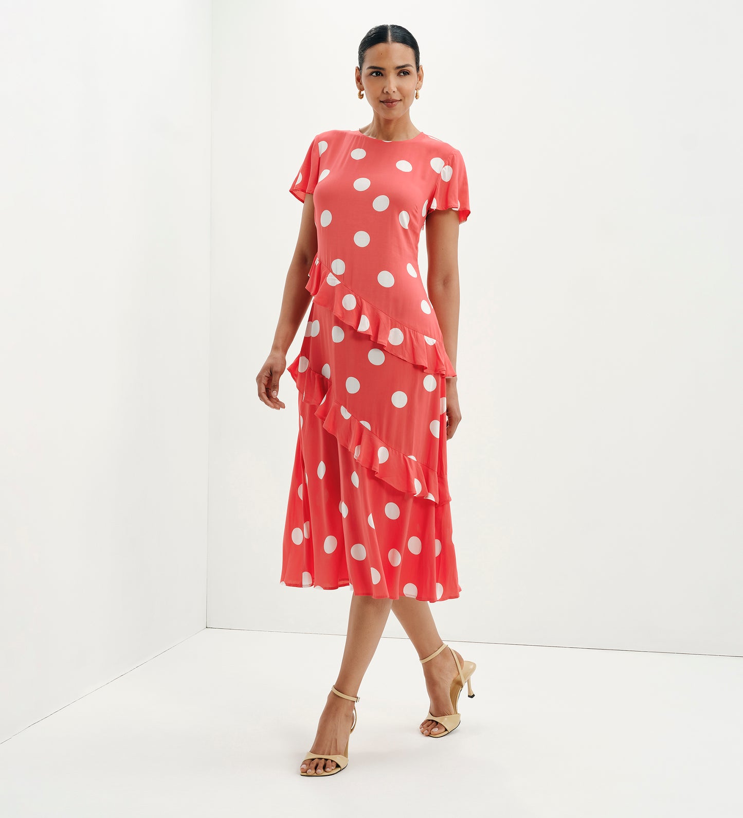 Sierra Red Polka Dot Asymmetric Frill Midi Tea Dress