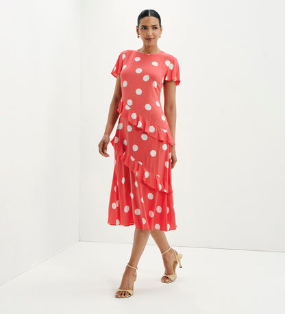 Sierra Red Polka Dot Asymmetric Frill Midi Tea Dress