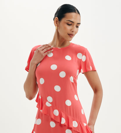 Sierra Red Polka Dot Asymmetric Frill Midi Tea Dress