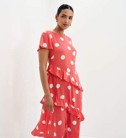 Sierra Red Polka Dot Asymmetric Frill Midi Tea Dress